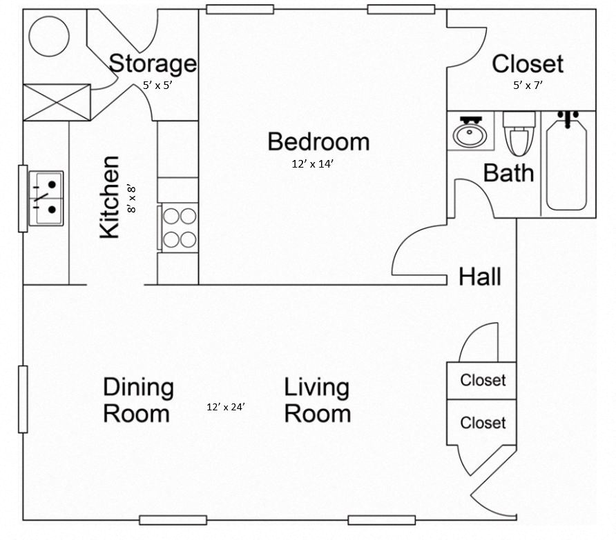Floor plan for 1 bed, 1 bath, 650 sqft